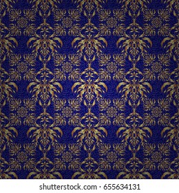 Elegant golden invitation card with vector floral decor of gold ornament and blue background. Vintage seamless pattern with gold gradient.