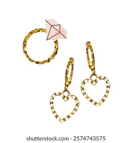 Elegant golden jewelry set with heart-shaped earrings and a diamond ring. Perfect for festive, romantic, and luxury themes. Flat vector illustration isolated on white background.