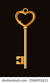 Elegant golden key with a heart-shaped bow, symbolizing love and romance, on a black background. Perfect for concepts of love, security, and mystery. Vector illustration