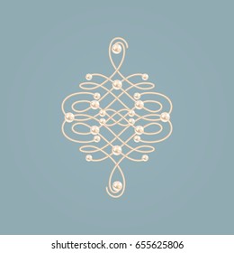 Elegant golden knot sign.. Blue and beige pastel illustration, beautyful calligraphic flourish with pearls. Vector