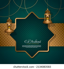 Elegant golden lamp and crescent for islamic greeting design on green background with copy space, Eid Mubarak, Eid Fitr, Eid Adha, Ramadhan Kareem. Vector illustration