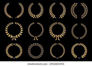 elegant golden laurel wreath collection, floral vector ornaments on black background.