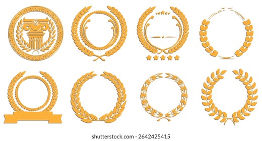 Elegant golden laurel wreaths and frames, perfect for awards and sophisticated design. This vector collection includes classic design elements for emblems, badges, and vintage celebrations of success.