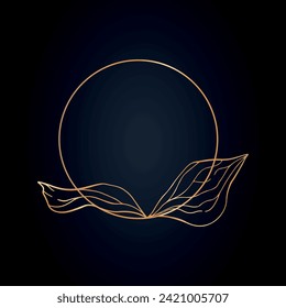 Elegant Golden Leaf and Circle Line Art Design on a Dark Background