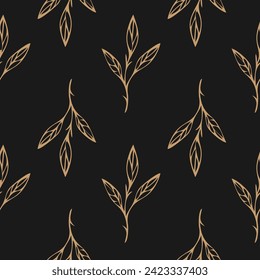 Elegant golden leaf patterns on seamless dark background. Textile design.