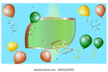 elegant golden leave board with golden frame, party popper ribbon ,colorful balloons fly,celebrate party,birthday,valentine,mother's day, father's day,Christmas,special events,blue template background