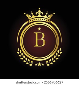 Elegant golden letter B logo with crown and laurel design for luxury branding and royalty  
