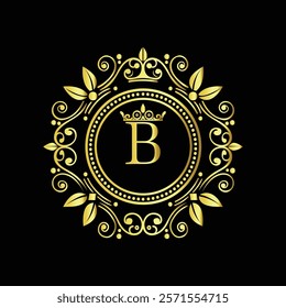 Elegant Golden Letter B Logo with Ornamental Crown and Floral Frame for Luxury Branding  
