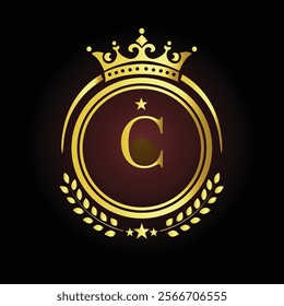 Elegant golden letter C logo with crown and laurel design for luxury branding and royalty  
