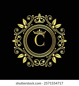 Elegant Golden Letter C Logo with Ornamental Crown and Floral Frame for Luxury Branding  
