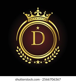 Elegant golden letter D logo with crown and laurel design for luxury branding and royalty  
