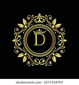 Elegant Golden Letter D Logo with Ornamental Crown and Floral Frame for Luxury Branding  
