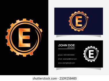 Elegant Golden Letter E Logo with Gear and Business Card Design for Engineering Firm