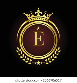 Elegant golden letter E logo with crown and laurel design for luxury branding and royalty  
