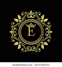 Elegant Golden Letter E Logo with Ornamental Crown and Floral Frame for Luxury Branding  
