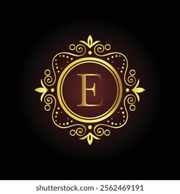 Elegant golden letter E monogram with ornamental design on a dark background for luxury branding  

