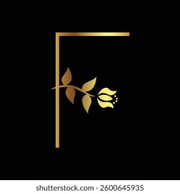 Elegant Golden Letter F with Floral Design on Black Background for Luxury Branding and Aesthetic Appeal