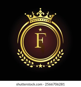 Elegant golden letter F logo with crown and laurel design for luxury branding and royalty  
