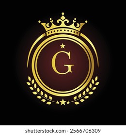 Elegant golden letter G logo with crown and laurel design for luxury branding and royalty  
