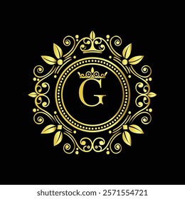 Elegant Golden Letter G Logo with Ornamental Crown and Floral Frame for Luxury Branding  
