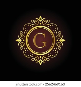 Elegant golden letter G monogram with ornamental design on a dark background for luxury branding  

