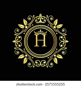 Elegant Golden Letter H Logo with Ornamental Crown and Floral Frame for Luxury Branding  
