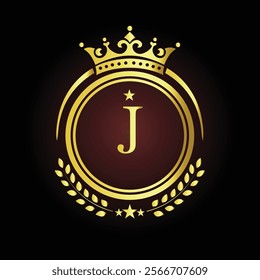 Elegant golden letter J logo with crown and laurel design for luxury branding and royalty  
