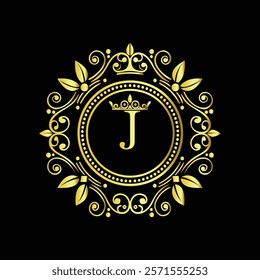 Elegant Golden Letter J Logo with Ornamental Crown and Floral Frame for Luxury Branding  
