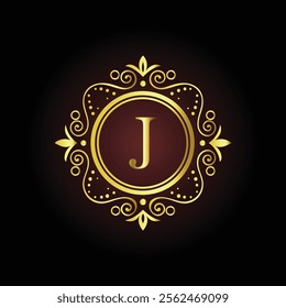 Elegant golden letter J monogram with ornamental design on a dark background for luxury branding  
