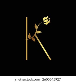 Elegant Golden Letter K with Floral Design on Black Background for Luxury Branding and Aesthetic Appeal