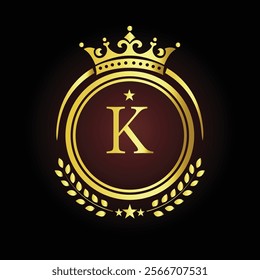 Elegant golden letter K logo with crown and laurel design for luxury branding and royalty  
