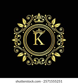 Elegant Golden Letter K Logo with Ornamental Crown and Floral Frame for Luxury Branding  
