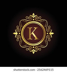 Elegant golden letter K monogram with ornamental design on a dark background for luxury branding  
