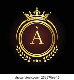 Elegant golden letter A logo with crown and laurel design for luxury branding and royalty  
