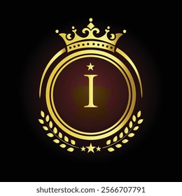 Elegant golden letter I logo with crown and laurel design for luxury branding and royalty  
