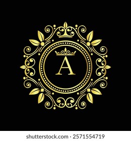 Elegant Golden Letter A Logo with Ornamental Crown and Floral Frame for Luxury Branding  
