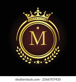 Elegant golden letter M logo with crown and laurel design for luxury branding and royalty  
