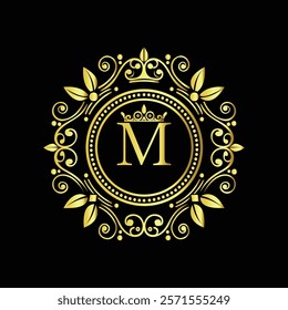 Elegant Golden Letter M Logo with Ornamental Crown and Floral Frame for Luxury Branding  
