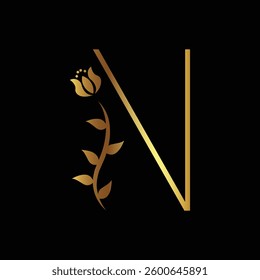 Elegant Golden Letter N with Floral Design on Black Background for Luxury Branding and Aesthetic Appeal