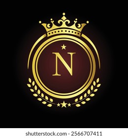 Elegant golden letter N logo with crown and laurel design for luxury branding and royalty  
