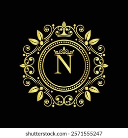 Elegant Golden Letter N Logo with Ornamental Crown and Floral Frame for Luxury Branding  
