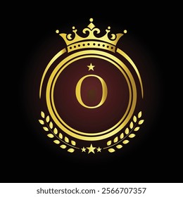 Elegant golden letter O logo with crown and laurel design for luxury branding and royalty  
