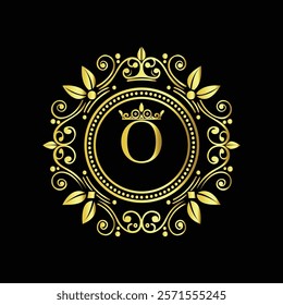 Elegant Golden Letter O Logo with Ornamental Crown and Floral Frame for Luxury Branding  
