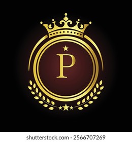 Elegant golden letter P logo with crown and laurel design for luxury branding and royalty  
