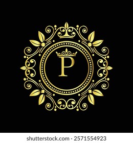 Elegant Golden Letter P Logo with Ornamental Crown and Floral Frame for Luxury Branding  
