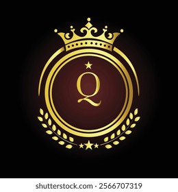 Elegant golden letter Q logo with crown and laurel design for luxury branding and royalty  
