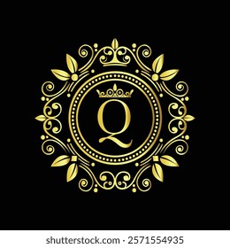 Elegant Golden Letter Q Logo with Ornamental Crown and Floral Frame for Luxury Branding  
