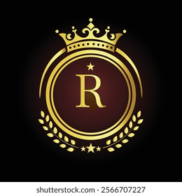 Elegant golden letter R logo with crown and laurel design for luxury branding and royalty  
