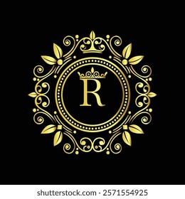 Elegant Golden Letter R Logo with Ornamental Crown and Floral Frame for Luxury Branding  
