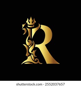 Elegant golden letter R with a royal crown and intricate design on a sleek black background